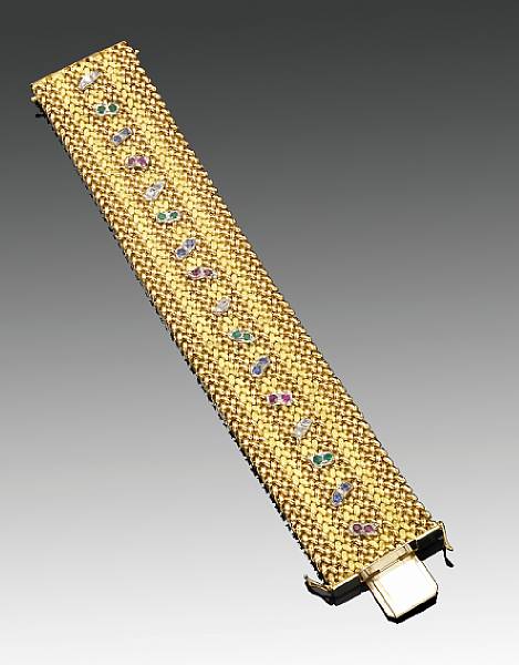 Appraisal: A gem-set diamond and k gold weave wide flexible bracelet