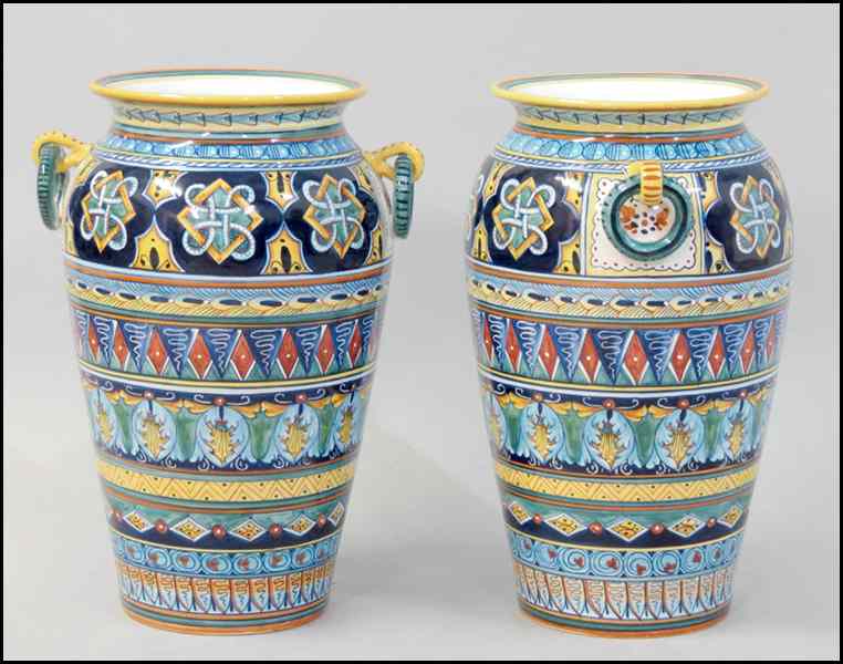 Appraisal: PAIR OF DERUTA PAINTED CERAMIC URNS Height '' Condition No