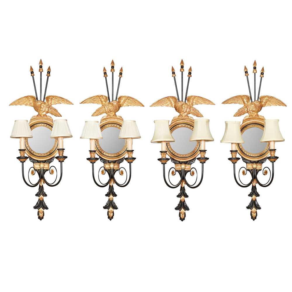 Appraisal: SET OF FOUR GILTWOOD AND EBONSISED 'TRAFALGAR' WALL LIGHTS BY