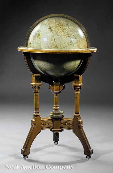 Appraisal: An American Modern Gothic Brass-Mounted Incised Cherrywood Library Globe on