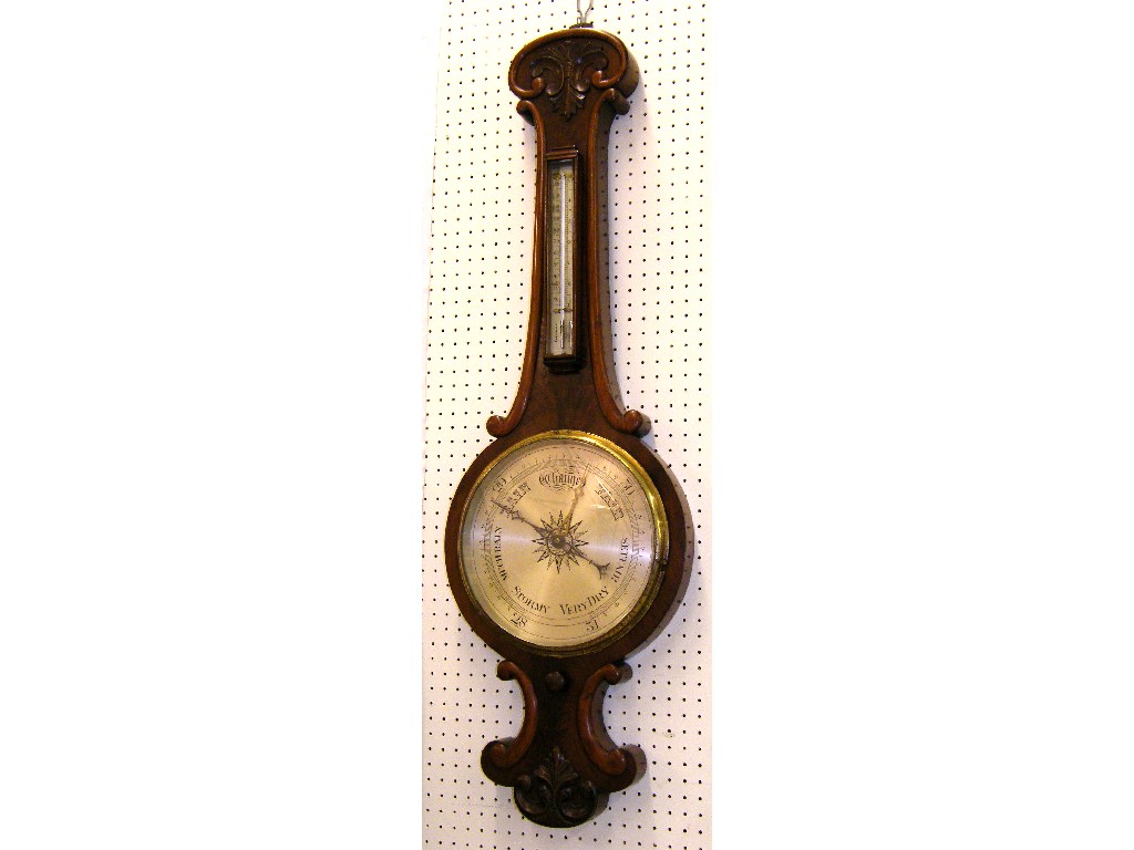 Appraisal: Mahogany banjo style barometer thermometer the silvered dial within a