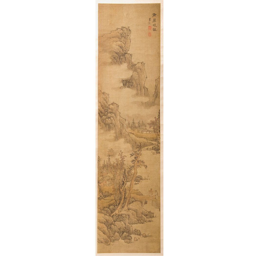 Appraisal: Chinese School th Century Hanging scroll figures approaching temple grounds