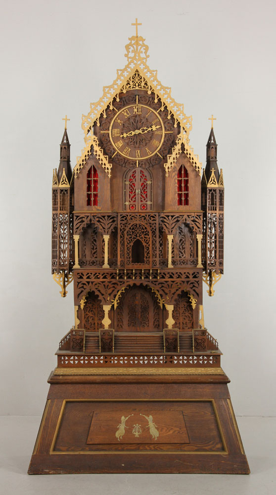 Appraisal: - Monumental Victorian Fretwork Cathedral Clock Monumental Victorian fretwork cathedral