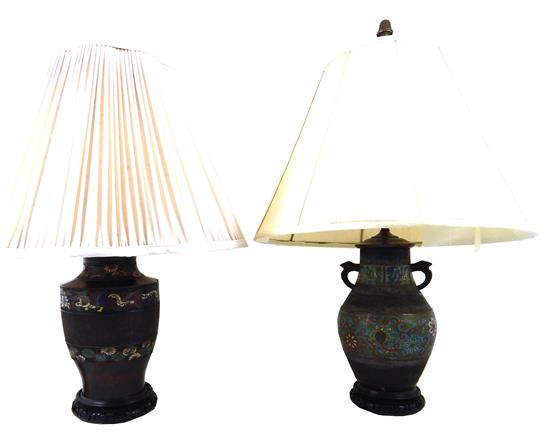 Appraisal: Pair of enameled champlev vases converted to electrified lamps one