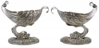 Appraisal: Pair Sterling Dolphin Form Dishes probably American th century dolphin