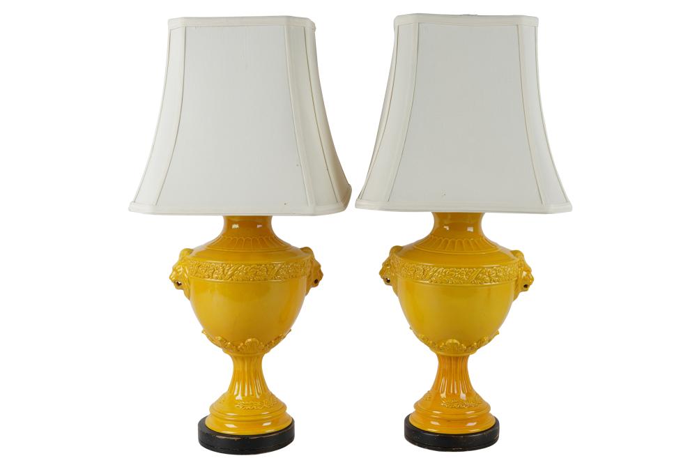 Appraisal: PAIR OF YELLOW-GLAZED CERAMIC URNSmounted and electrified as table lamps