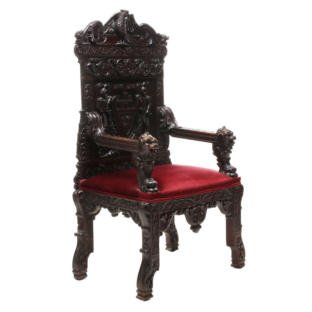 Appraisal: A HIGHLY CARVED TH CENTURY HERALDIC THRONE CHAIR The massive