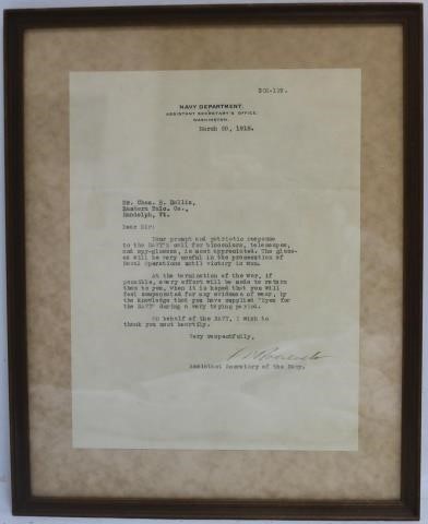 Appraisal: FRAMED AUTOGRAPHED SIGNED LETTER BY FRANKLINDELANO ROOSEVELT ACTING AS ASSISTANT