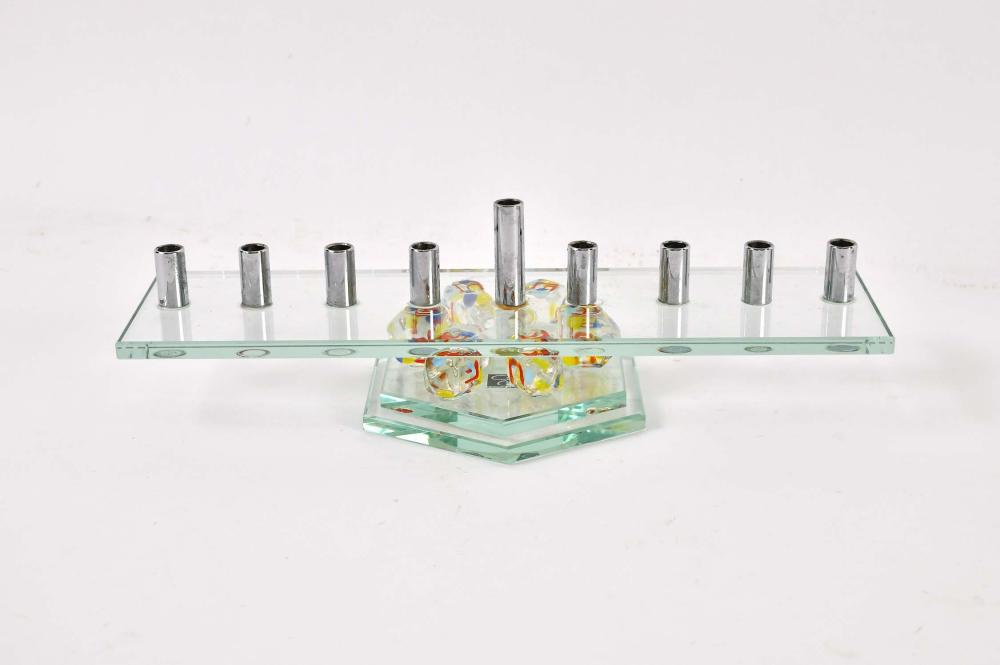 Appraisal: CONTEMPORARY GLASS MENORAHChromed candle holders on a glass platform supported