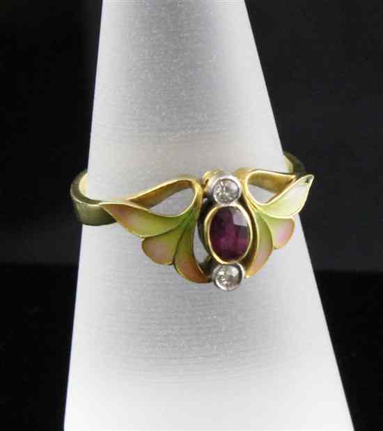 Appraisal: An ct gold ruby diamond and plique a jour enamel