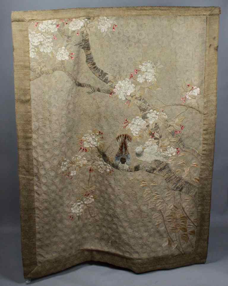 Appraisal: ANTIQUE JAPANESE SILK STRING TAPESTRY DEPICTING CHERRY BLOSSOMS AND BIRDS