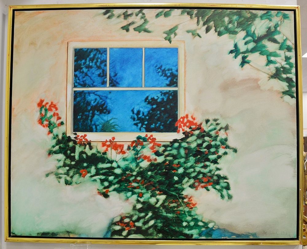 Appraisal: Artist unknown depicts red flowering bush and window illegibly signed