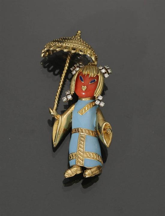 Appraisal: -Karat Yellow-Gold Coral Diamond and Enamel 'Woman with Parasol' Brooch