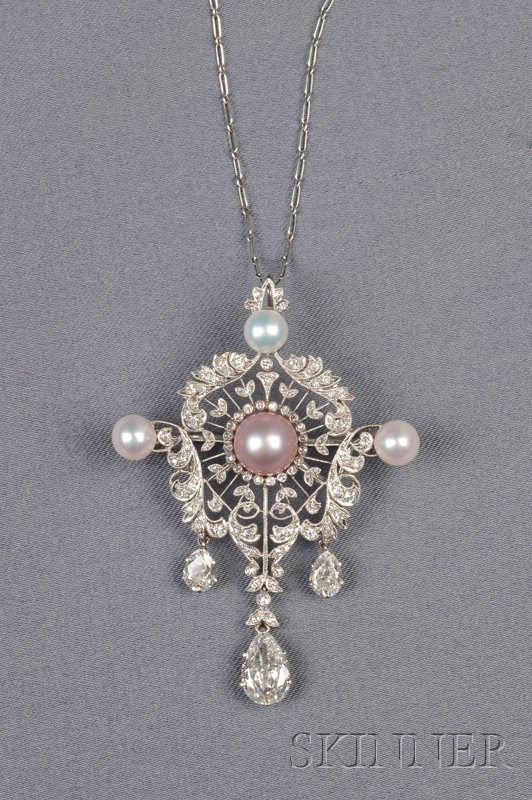 Appraisal: Edwardian Platinum Colored Pearl Pearl and Diamond Pendant Brooch set