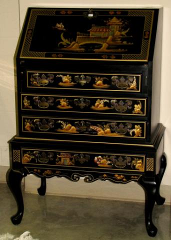 Appraisal: Chinoiserie period style petit desk secretary black finish with embossed