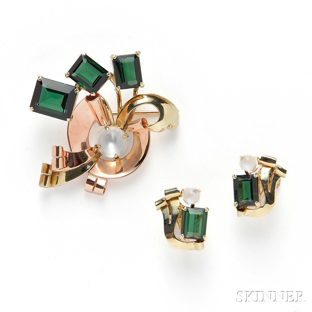 Appraisal: Retro kt Bicolor Gold Green Tourmaline and Moonstone Suite comprising