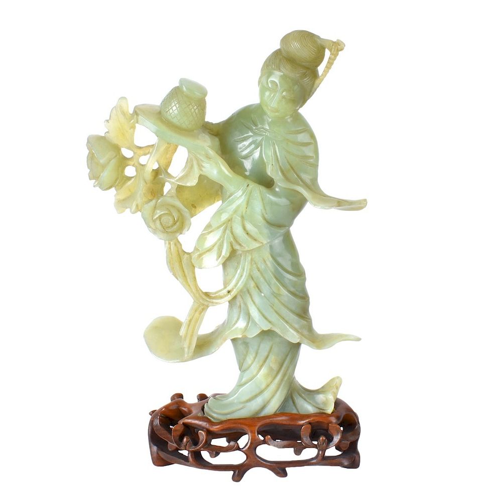 Appraisal: Chinese Guanyin Chinese Carved Serpentine Jade Guan Yin Figurine on