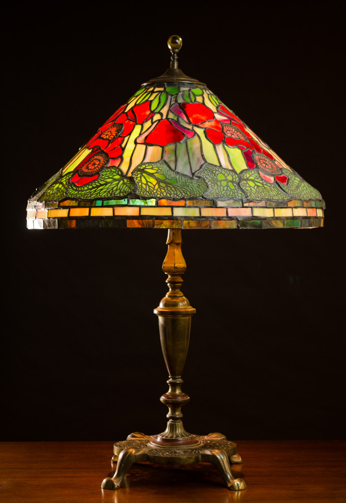 Appraisal: LEADED GLASS TABLE LAMP the conical shade having green variegated