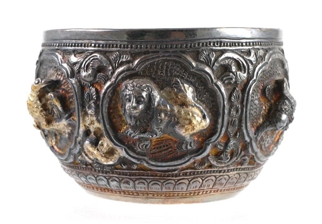 Appraisal: Highly detailed and hand-chased antique silver repousse Burmese bowl measuring