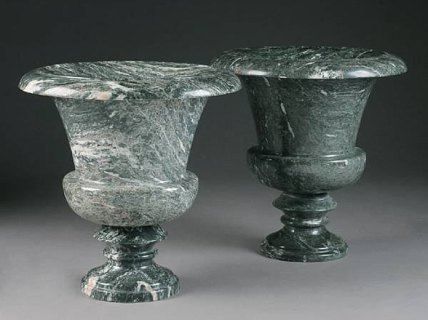 Appraisal: A pair of Neoclassical style green veined marble urns Of