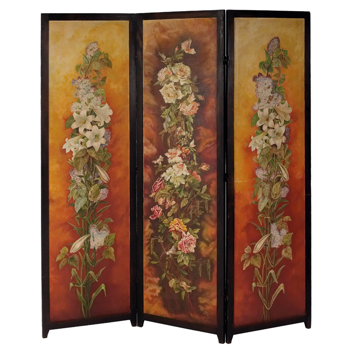 Appraisal: Arts and Crafts period screen three-panels with painted floral design