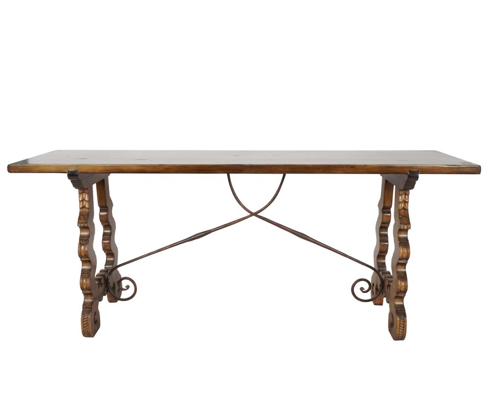 Appraisal: SPANISH REVIVAL STYLE TRESTLE TABLEcontemporary with iron stretcher Provenance The