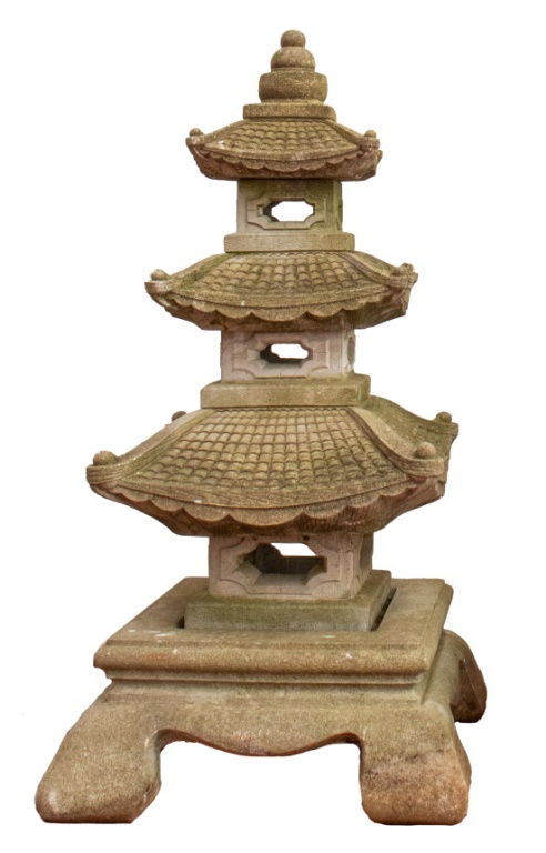 Appraisal: LARGE CAST STONE PAGODA GARDEN ORNAMENT Tall square cement pagoda