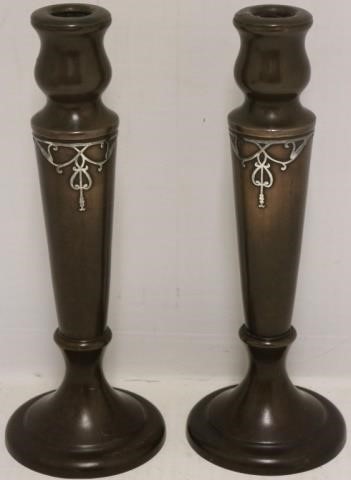 Appraisal: PAIR OF HEINTZ ART METAL COPPER CANDLESTICKSWITH SILVER OVERLAY PAT