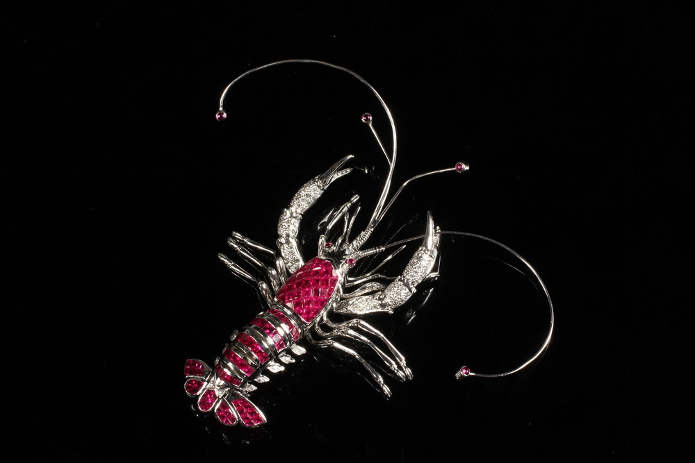 Appraisal: BROOCH - One K White Gold Diamond and Ruby Lobster