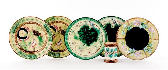 Appraisal: Majolica plates and vase pair of begonia-leaf design plates Dia