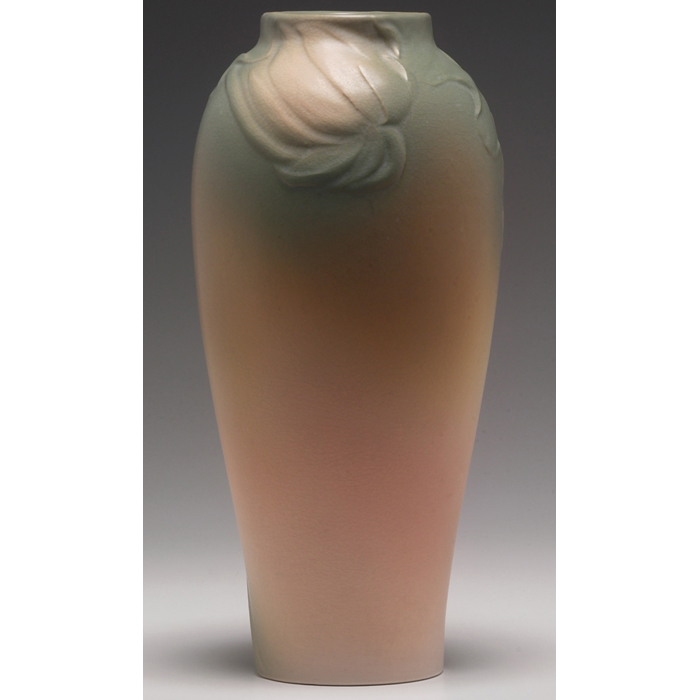 Appraisal: Rare Rookwood vase Vellum glaze with an unusual carved poppy