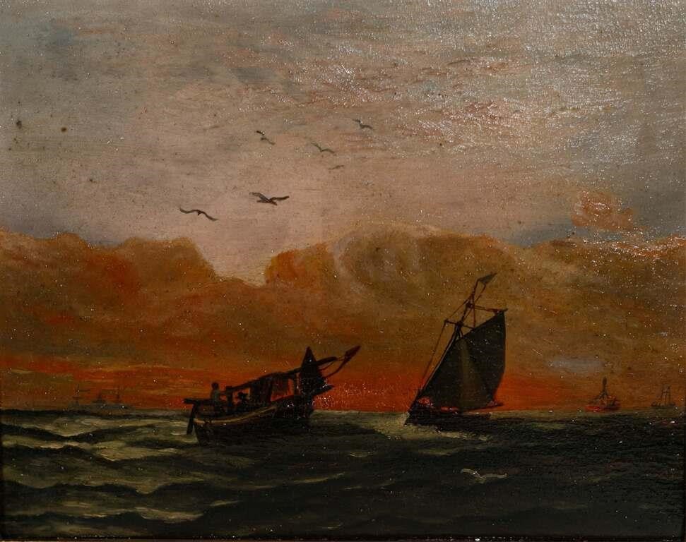 Appraisal: Oil on board ships in sunset seascape Unsigned x with