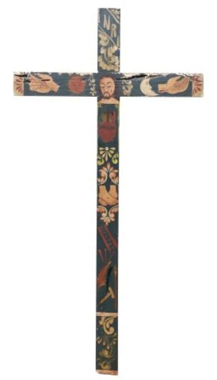 Appraisal: Folk Art painted wood crucifix th c decorated with sun