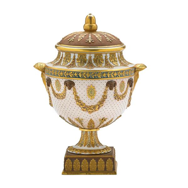 Appraisal: WEDGWOOD CLASSICAL URN Lidded with gilded mask handles th c