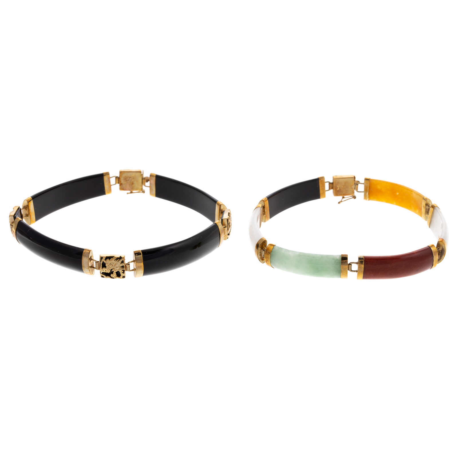 Appraisal: A PAIR OF ONYX JADE BRACELETS IN K K yellow