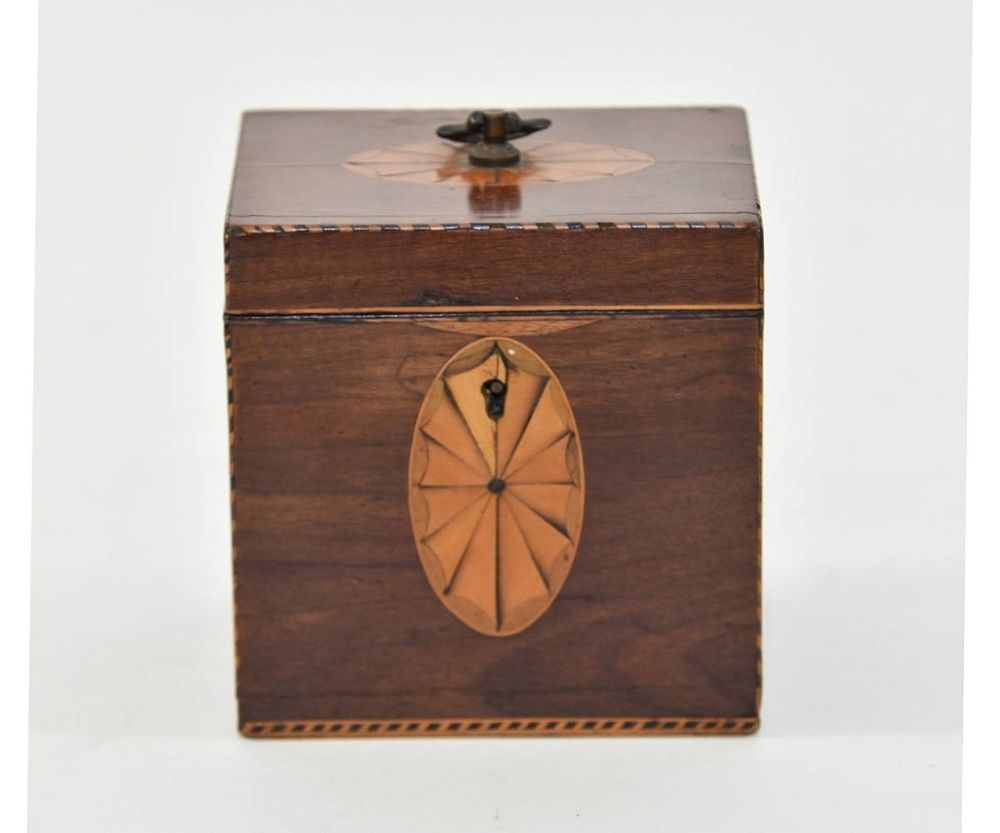 Appraisal: Georgian Mahogany Inlaid Tea Caddy Georgian mahogany satinwood inlaid tea