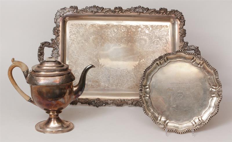 Appraisal: Continental Silver Presentation Salver an English Silver-Plated Coffee Pot and