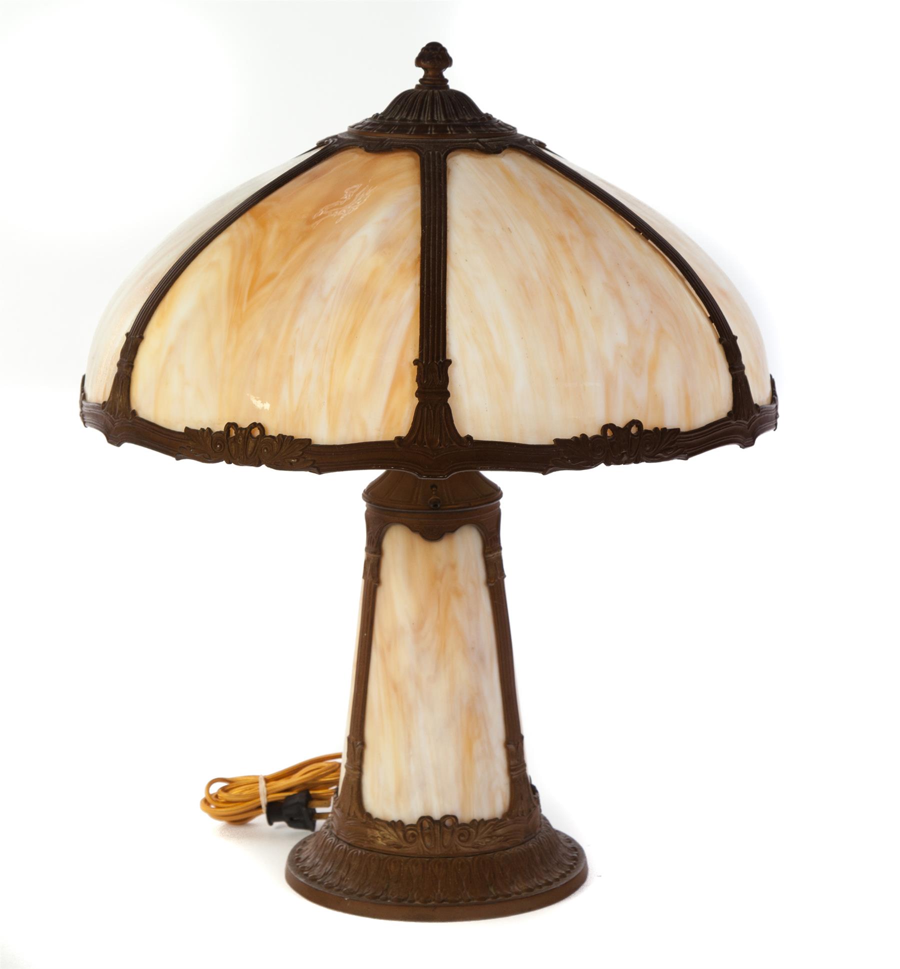 Appraisal: CARMEL SLAG PANELED TABLE LAMP American st quarter- th century