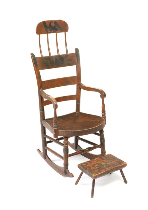 Appraisal: NEW ENGLAND CARVED AND PAINT DECORATED ROCKER AND FOOT STOOL