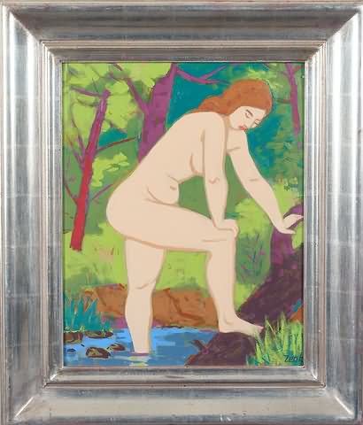 Appraisal: Woman Stepping From Stream oil on board x Artist American