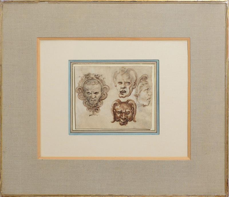 Appraisal: ATTRIBUTED TO GIULIO ROMANO c - FOUR GROTESQUE MASKS Pencil