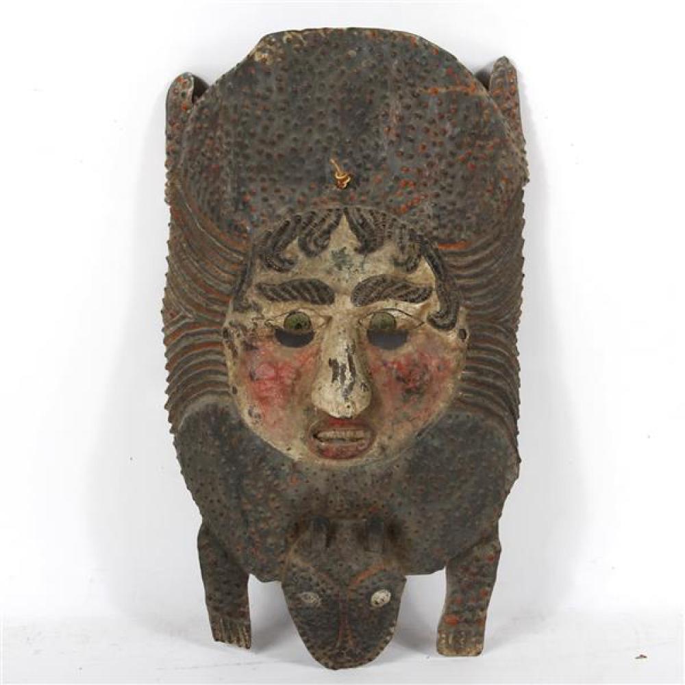 Appraisal: LARGE GUERRERO MEXICO PAINTED MOLDED TIN FOLK ART ARMADILLO MASK