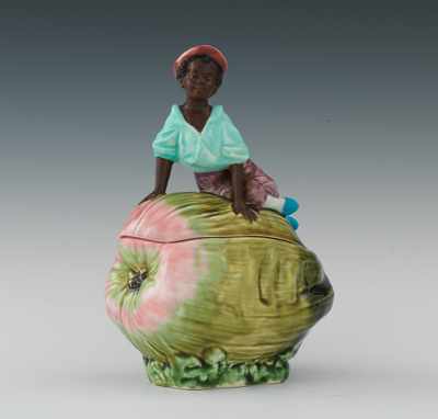 Appraisal: Boy on Fruit Majolica Covered Tobacco Box Apprx - H