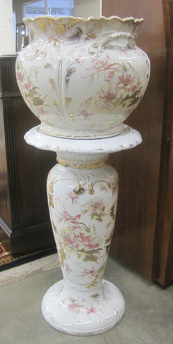 Appraisal: JARDINIERE MATCHING PEDESTAL English semi vitreous porcelain with floral transfer