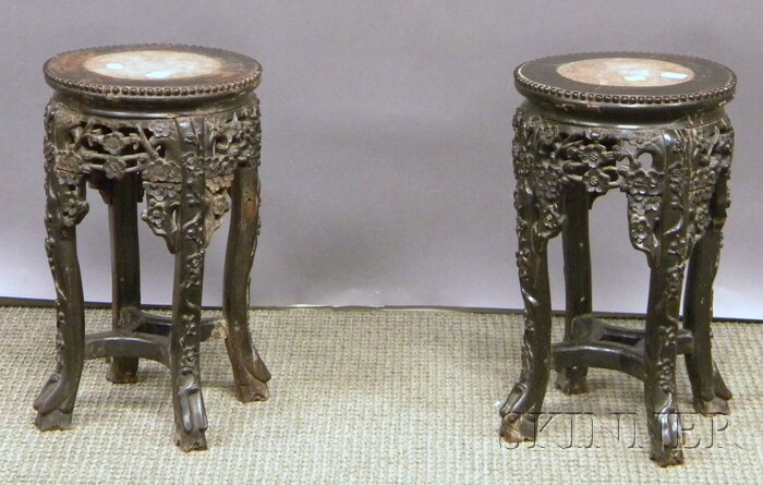 Appraisal: Pair of Small Chinese Export Marble-inset Carved Hardwood Stands ht