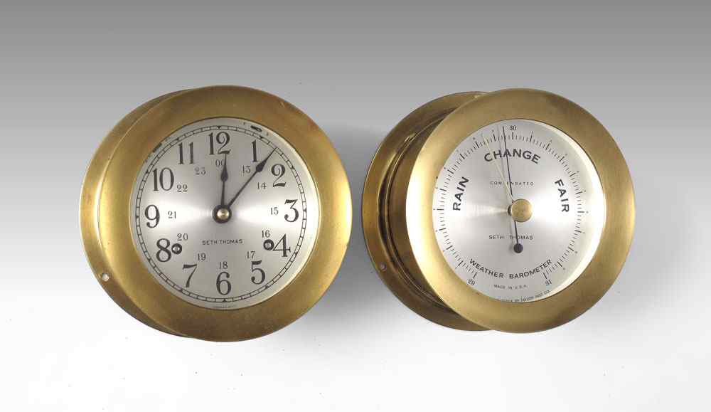 Appraisal: SETH THOMAS SHIPS BAROMETER AND CLOCK Matched pair Corsair brass