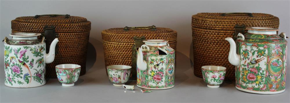 Appraisal: THREE CHINESE GRADUATED ROSE MEDALLION TEA SETS IN FITTED BASKETS