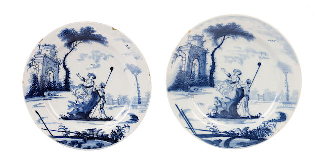 Appraisal: Two London delftware plates circa Painted in blue with European