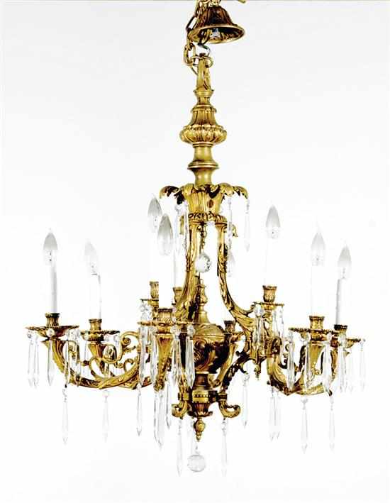 Appraisal: Continental gilt-brass nine-light chandelier early th century ornate canopy and