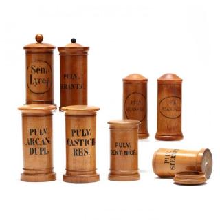 Appraisal: Four Pair or Near Pair Wooden Dry Drug Jars circa